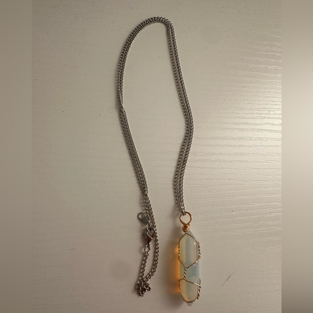 Opalite Glass Pendant Necklace with Gold Wire Wrap - Women's Necklace